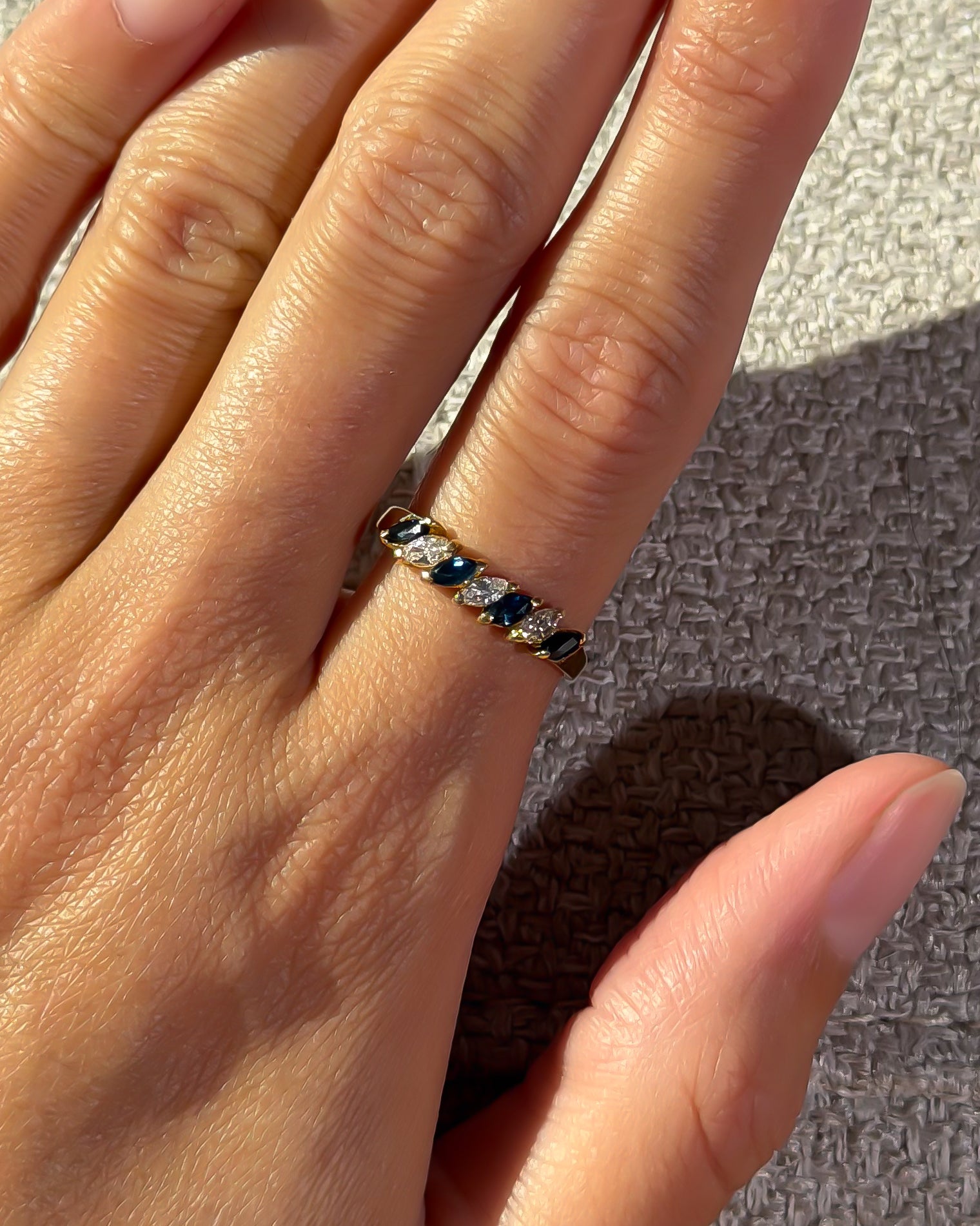 4 Natural Sapphire and 3 Natural Diamond Solid Gold Ring