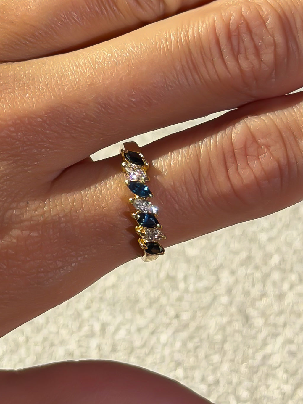 4 Natural Sapphire and 3 Natural Diamond Solid Gold Ring