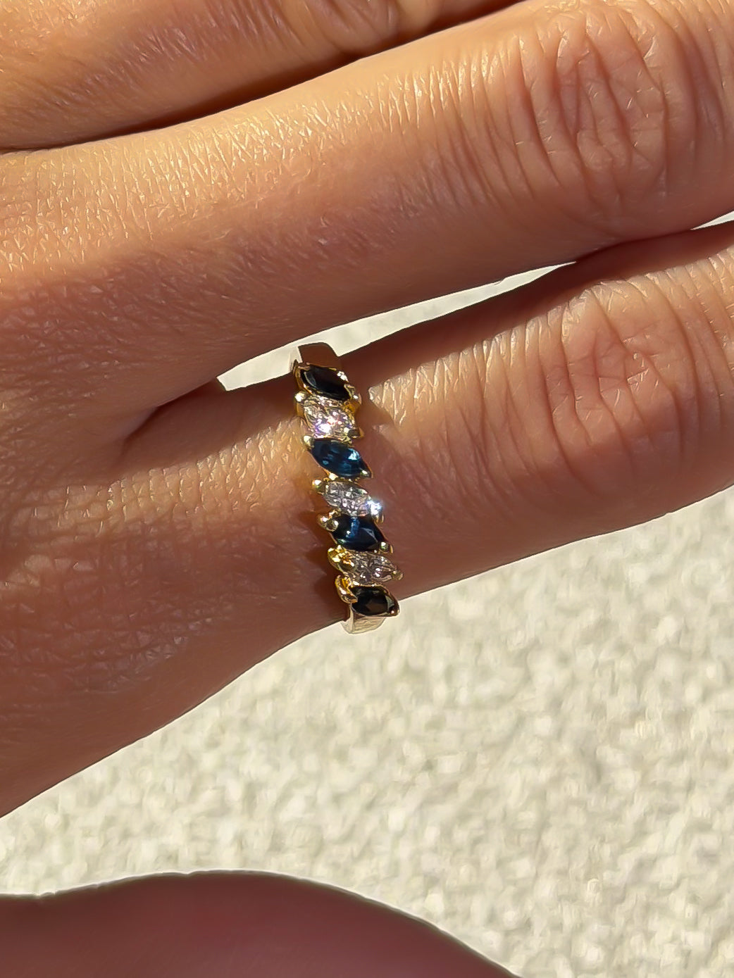 4 Natural Sapphire and 3 Natural Diamond Solid Gold Ring