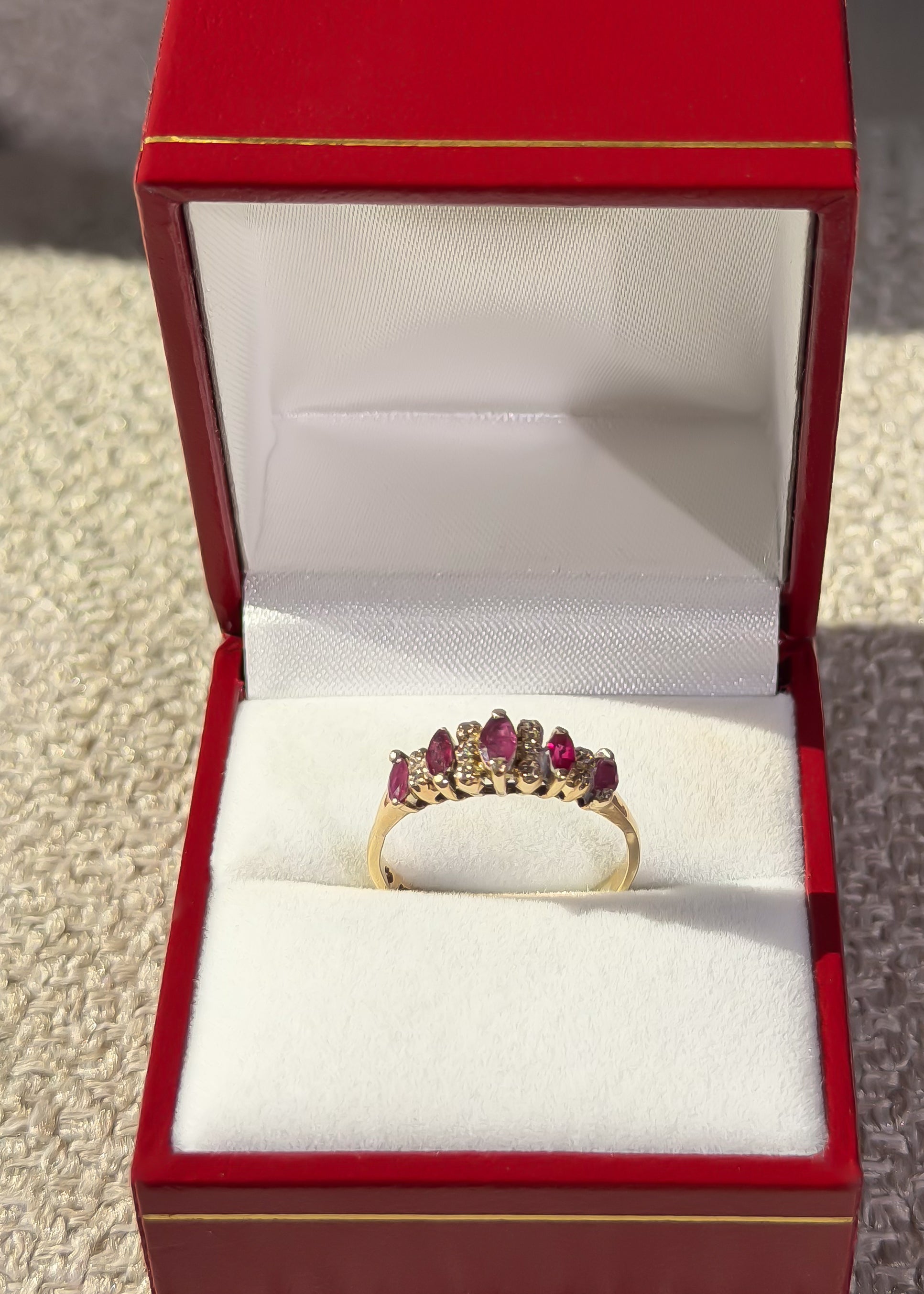 Natural 5 Ruby and 10 Natural Diamond Solid Gold Ring