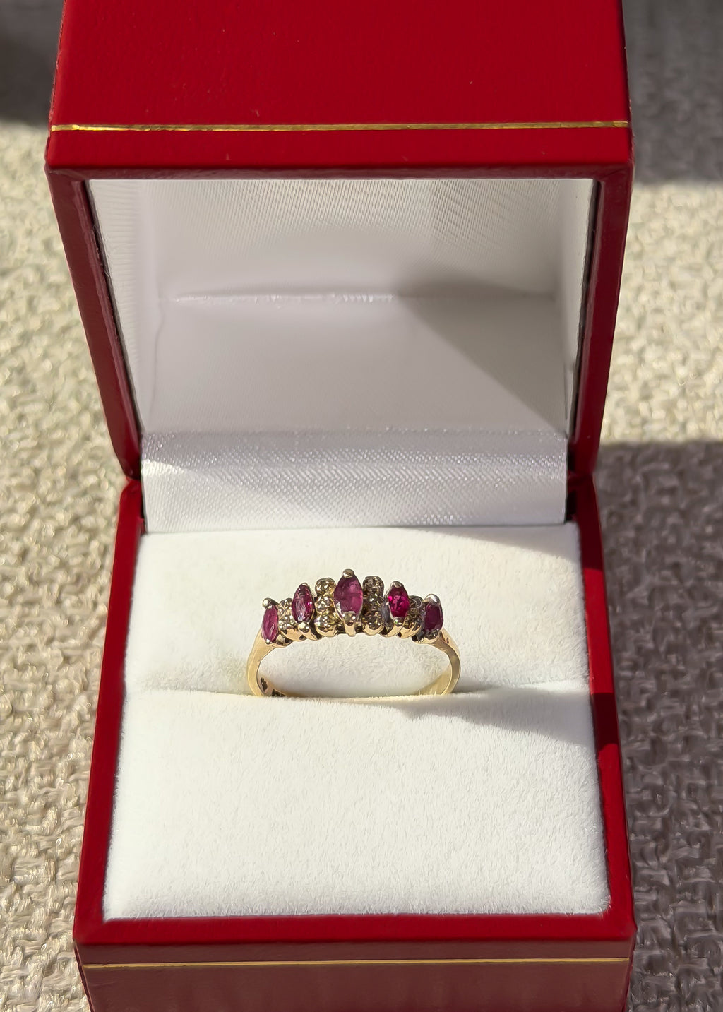 Natural 5 Ruby and 10 Natural Diamond Solid Gold Ring