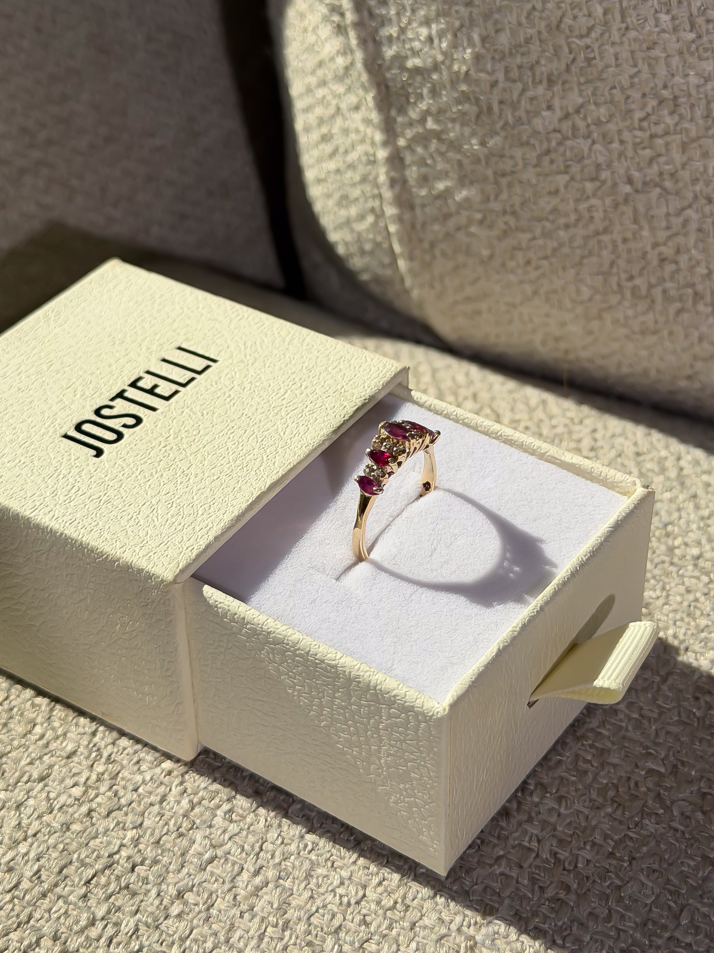 Natural 5 Ruby and 10 Natural Diamond Solid Gold Ring