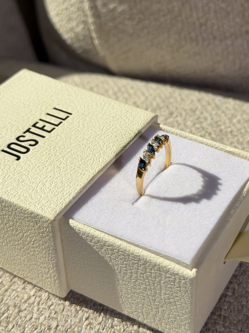 4 Natural Sapphire and 3 Natural Diamond Solid Gold Ring