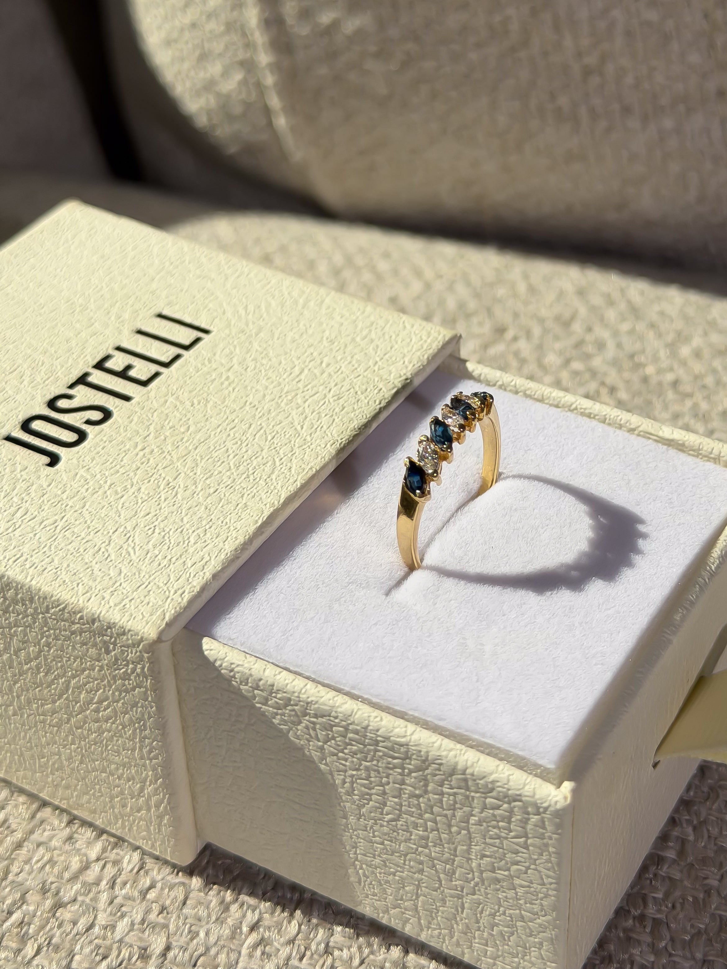 4 Natural Sapphire and 3 Natural Diamond Solid Gold Ring