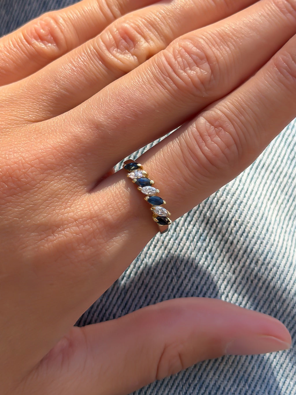 4 Natural Sapphire and 3 Natural Diamond Solid Gold Ring