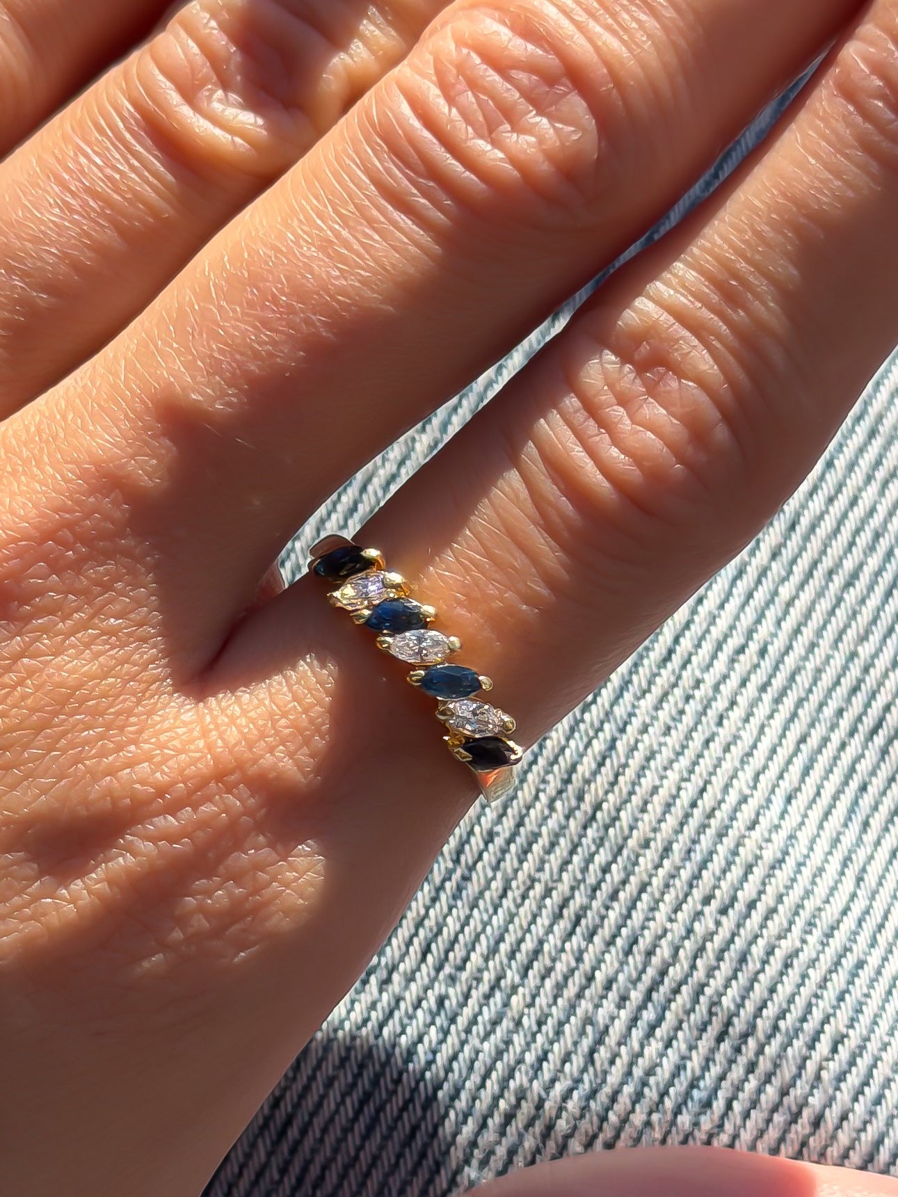 4 Natural Sapphire and 3 Natural Diamond Solid Gold Ring