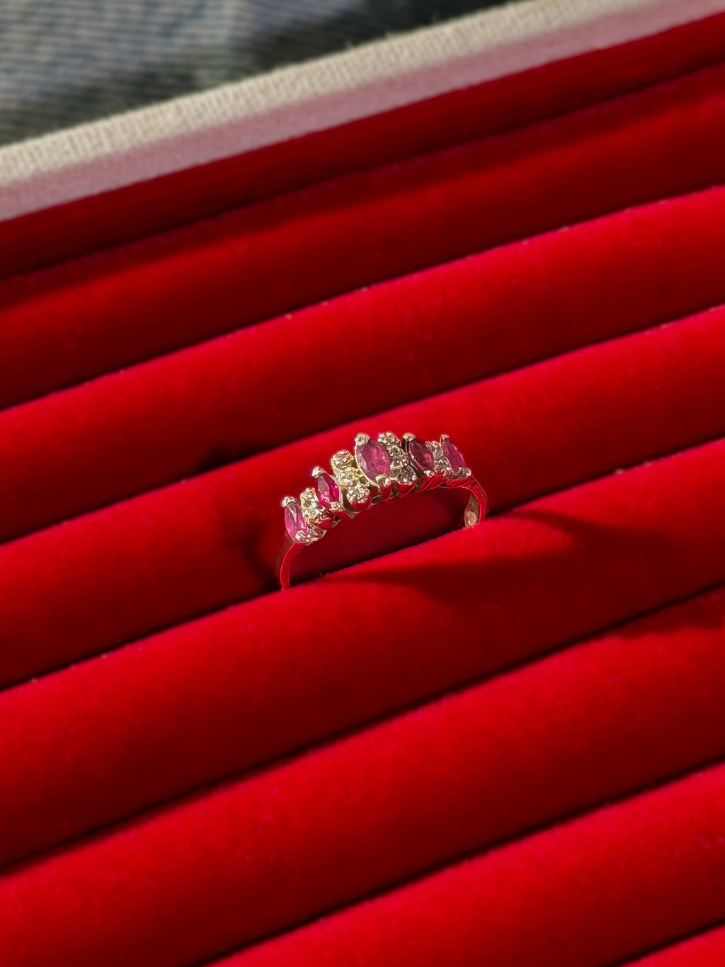 Natural 5 Ruby and 10 Natural Diamond Solid Gold Ring