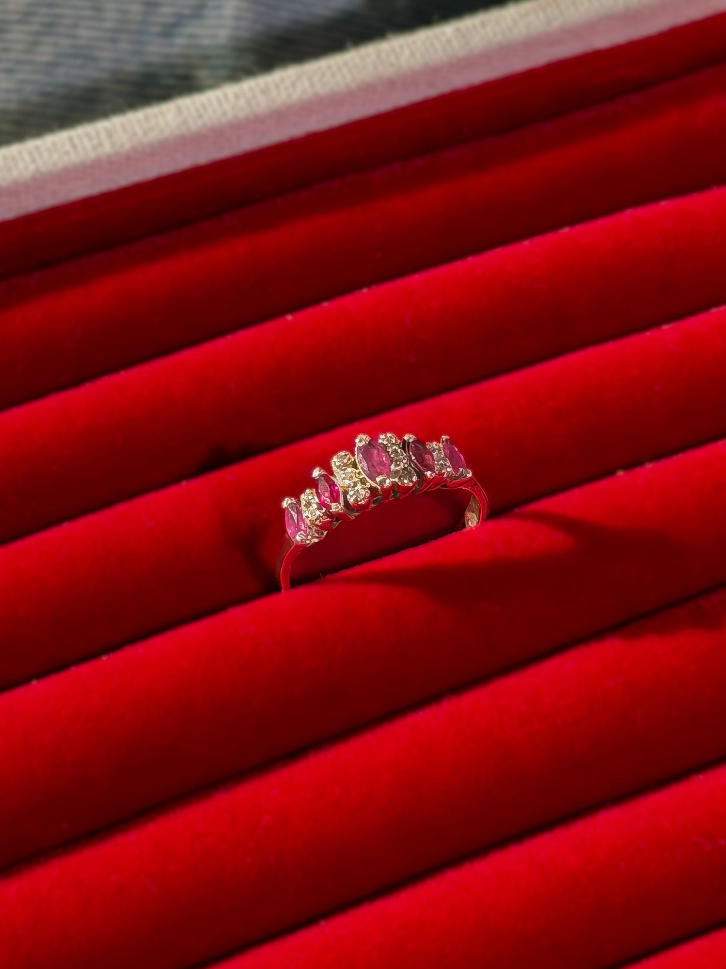 Natural 5 Ruby and 10 Natural Diamond Solid Gold Ring