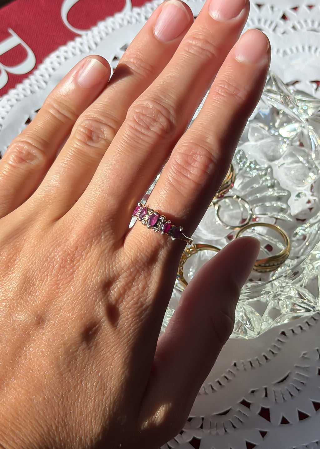 Natural 5 Ruby and 10 Natural Diamond Solid Gold Ring