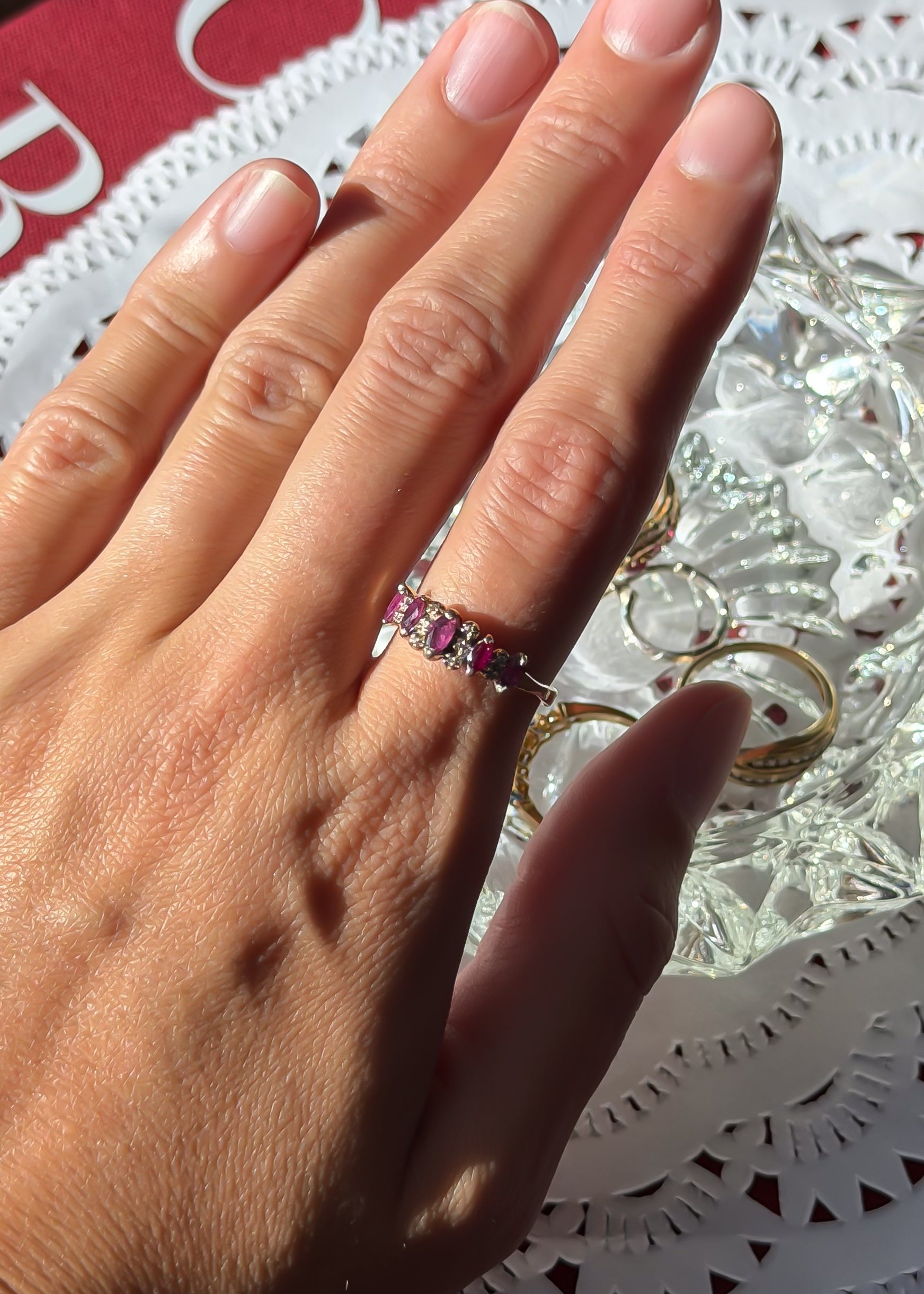 Natural 5 Ruby and 10 Natural Diamond Solid Gold Ring