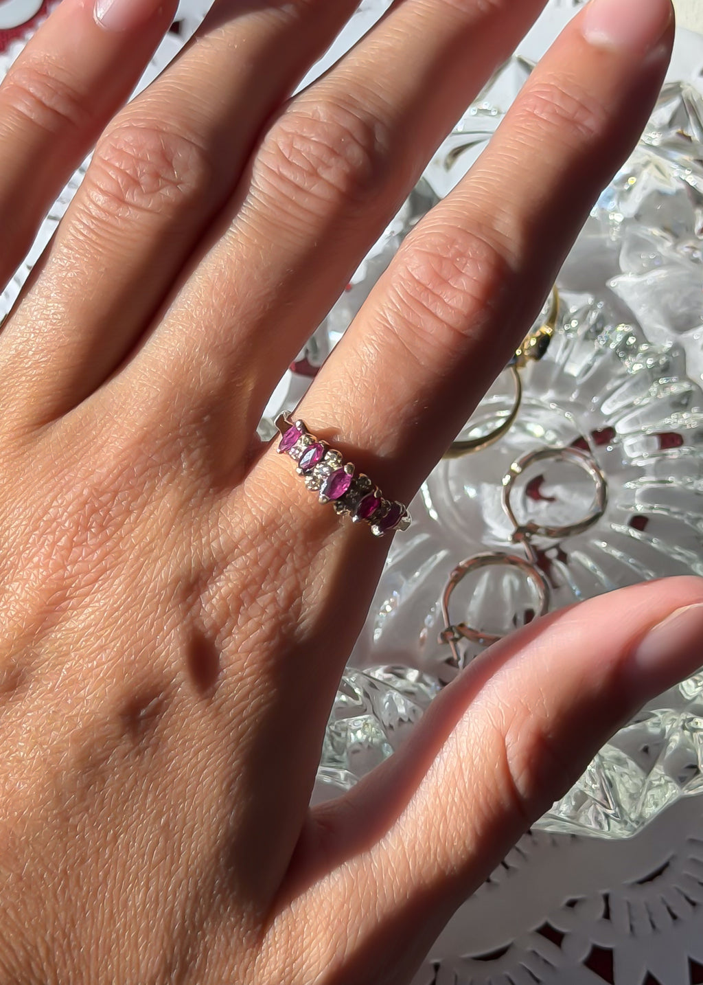 Natural 5 Ruby and 10 Natural Diamond Solid Gold Ring