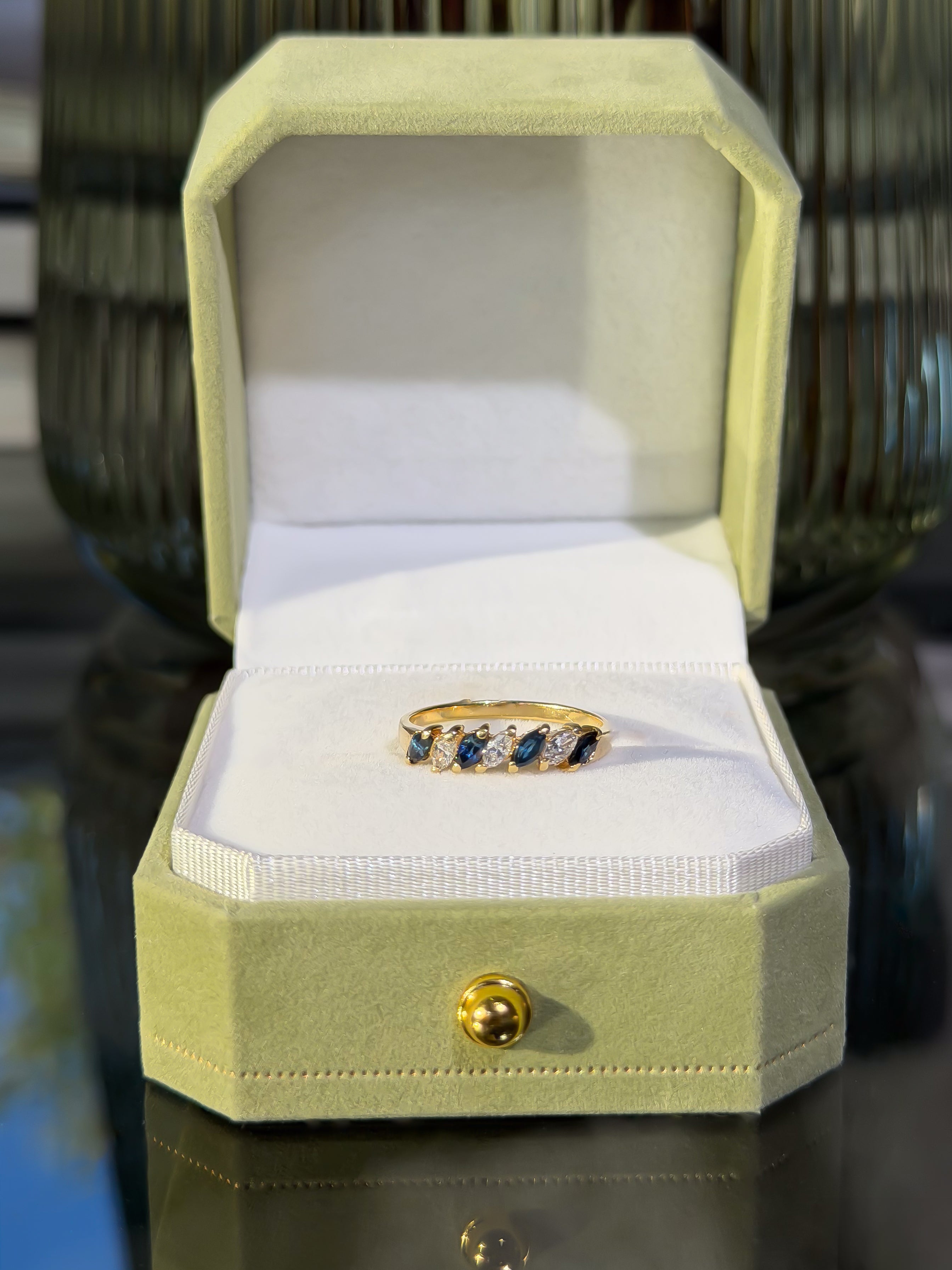 4 Natural Sapphire and 3 Natural Diamond Solid Gold Ring